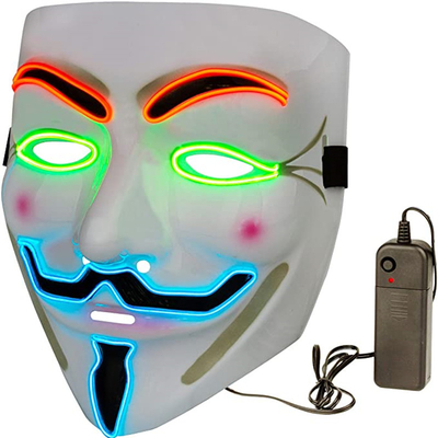 قناع الوجه LED باللون الأبيض للهالوين على شكل V لقناع الثأر لشخص مجهول