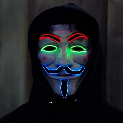 قناع الوجه LED باللون الأبيض للهالوين على شكل V لقناع الثأر لشخص مجهول